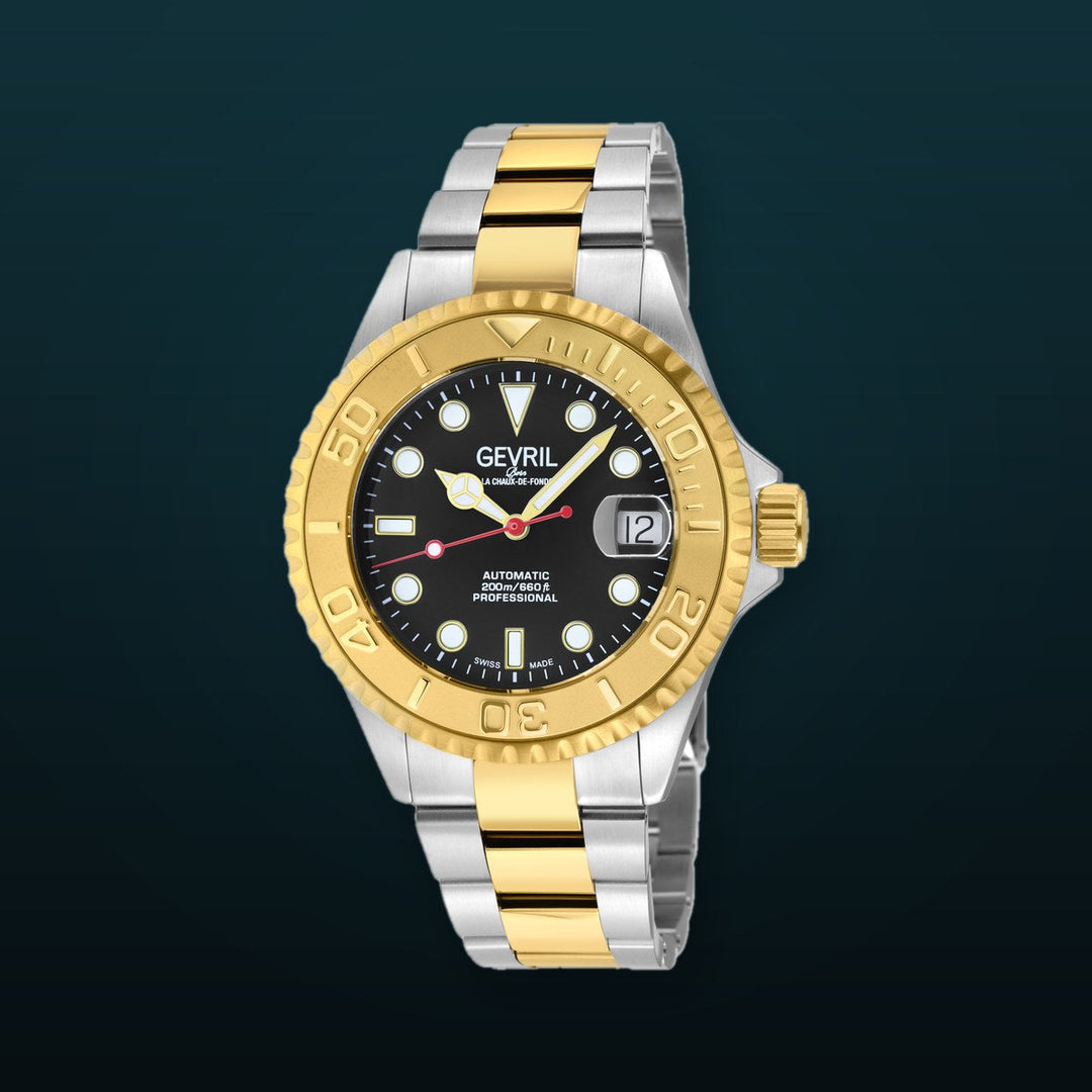 Wall Street Gevril Swiss Made SW200 Steel Rotating Bezel Diver's watch, Two toned Gold bezel, Black dial | Black Dial