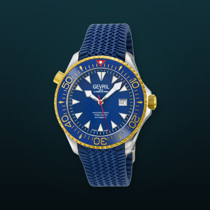 Hudson Yards - Rubber Swiss Made SW200 ceramic rotating bezel helium valve, Blue Rubber Blue Dial