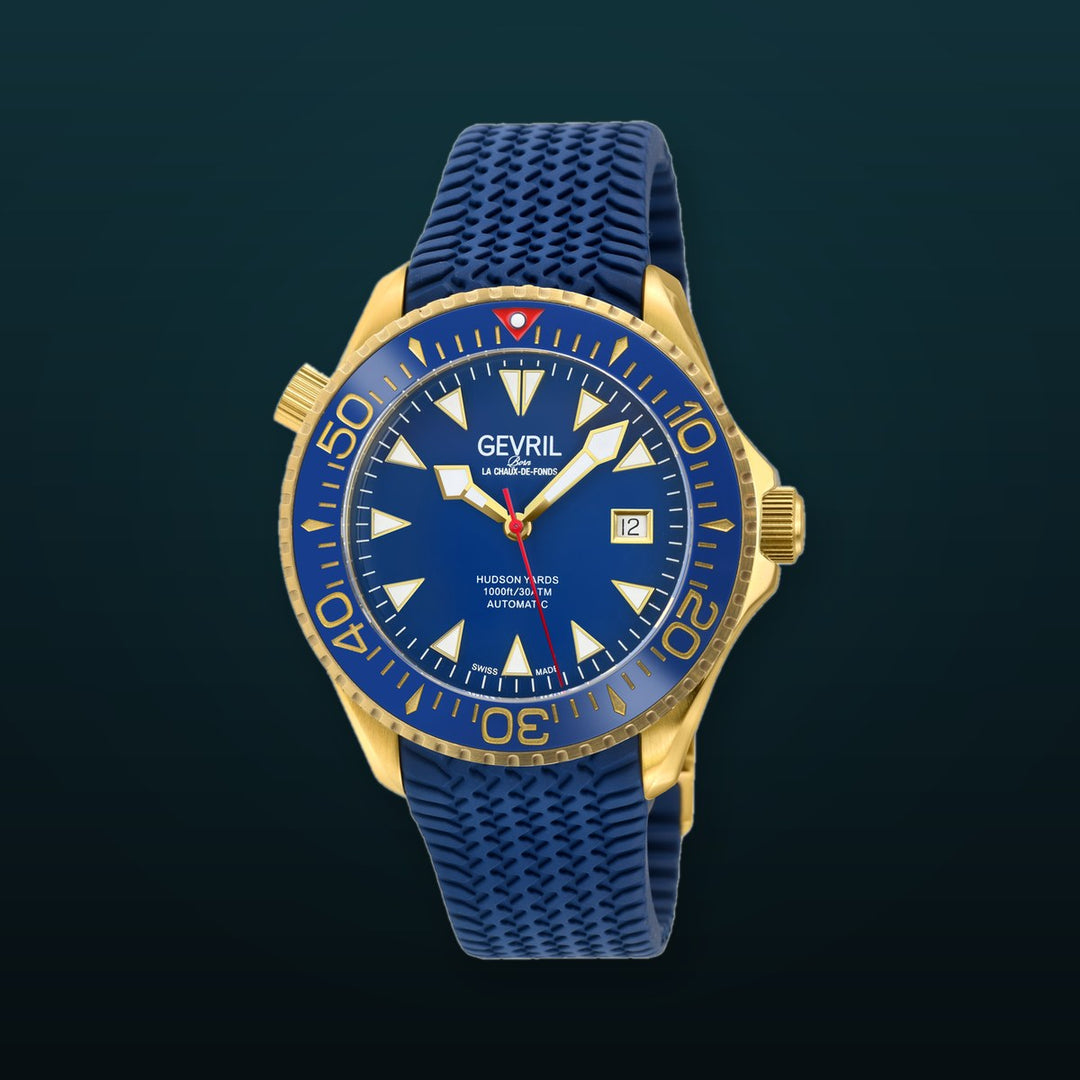 Hudson Yards -  Rubber Swiss Made SW200 ceramic rotating bezel helium valve, Blue Rubber Blue Dial