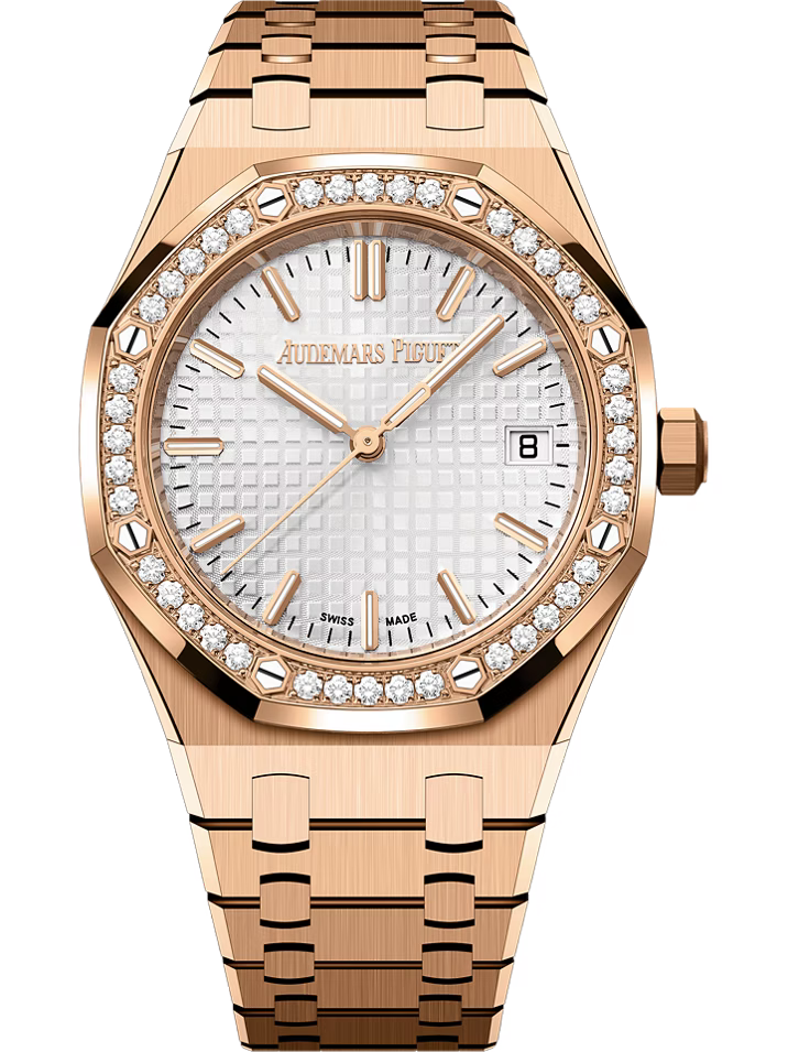 Audemars Piguet ROYAL OAK 34MM SILVER DIAL 18K PINK GOLD WITH DIAMOND BEZEL Ref. 77451OR.ZZ.1361OR.01 LADIES WATCH