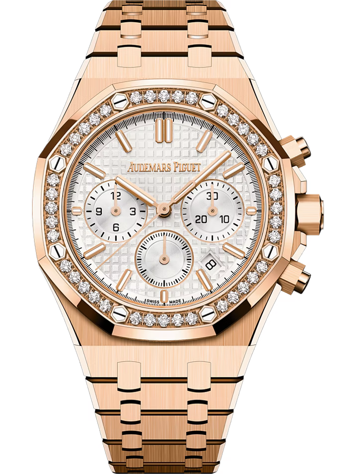 Audemars Piguet ROYAL OAK 38MM SILVER DIAL 18K PINK GOLD WITH DIAMOND BEZEL CHRONOGRAPH Ref. 26715OR.ZZ.1356OR.01 MENS WATCH