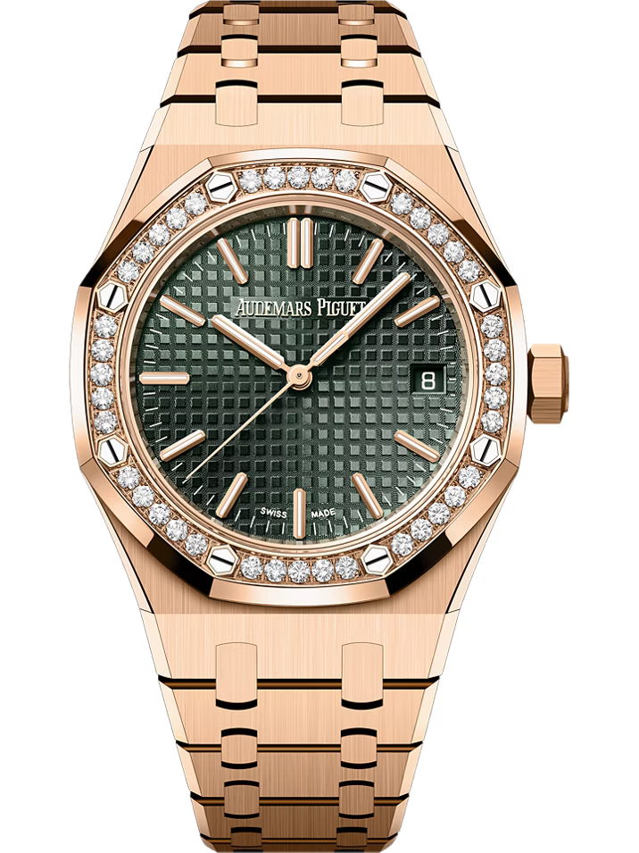 Audemars Piguet ROYAL OAK 37MM KHAKI GREEN DIAL 18K PINK GOLD WITH DIAMOND BEZEL Ref. 15551OR.ZZ.1356OR.06 MENS WATCH