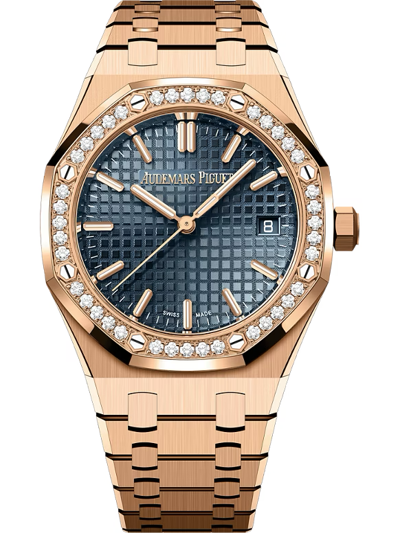 Audemars Piguet ROYAL OAK 34MM BLUE DIAL 18K PINK GOLD DIAMOND BEZEL 77451OR.ZZ.1361OR.04 LADIES WATCH