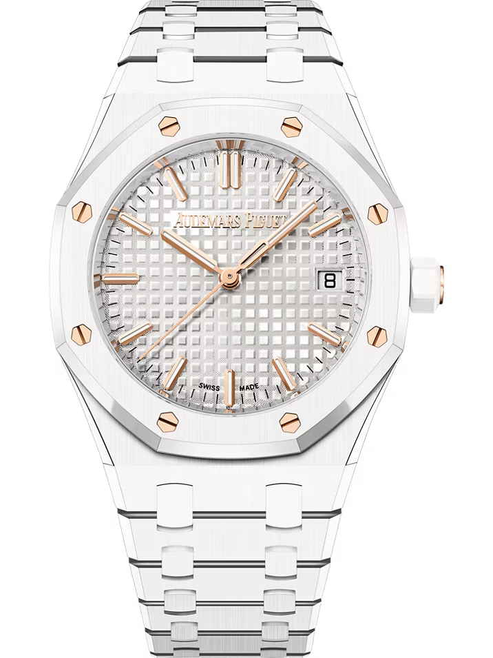 Audemars Piguet ROYAL OAK 34MM SILVER DIAL WHITE CERAMIC CASE Ref. 77350CB.OO.1266CB.01 LADIES WATCH