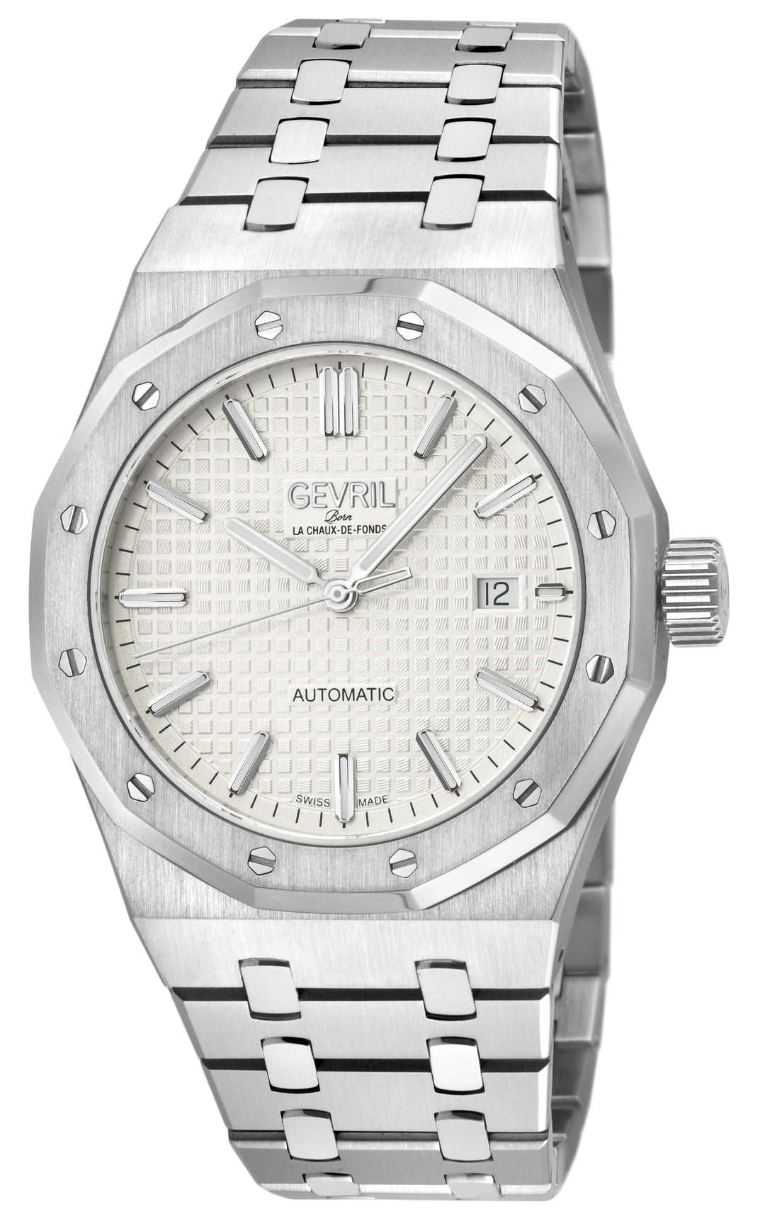 Gotham Swiss Automatic Movement, Silver/White Embossed Dial, 316L Stainless Stee