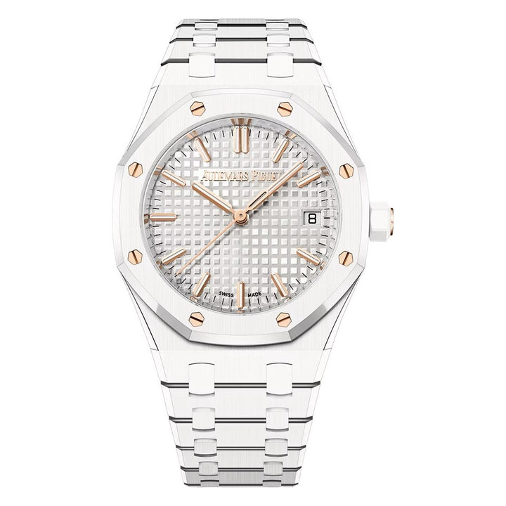 Audemars Piguet ROYAL OAK 34MM SILVER DIAL WHITE CERAMIC CASE Ref. 77350CB.OO.1266CB.01 LADIES WATCH