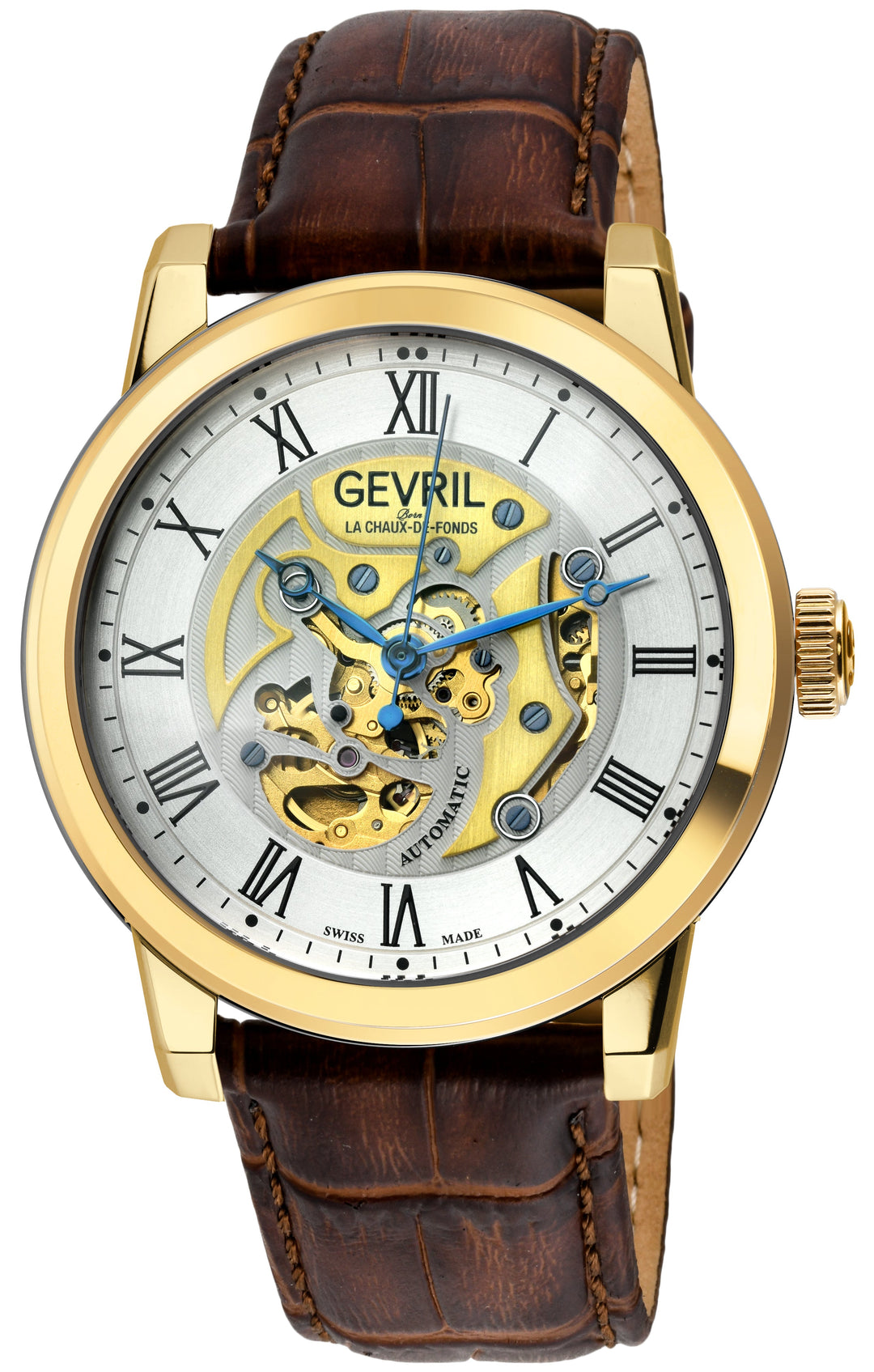 Vanderbilt Swiss Automatic Skeleton IP Gold/Silver,Brown  band Silver Dial