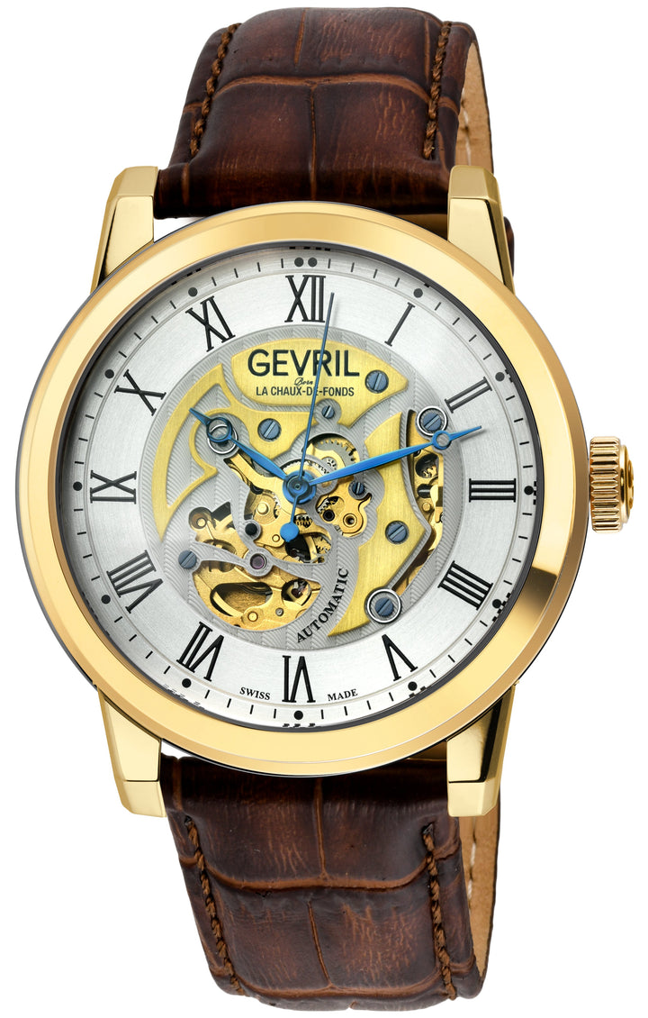 Vanderbilt Swiss Automatic Skeleton IP Gold/Silver,Brown  band Silver Dial