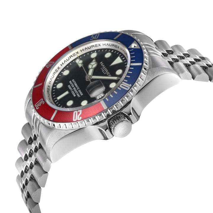 Eterno SS Case, Blue/Red Bezel, Black Dial,  316L Itainless Steel Bracelet | Bla