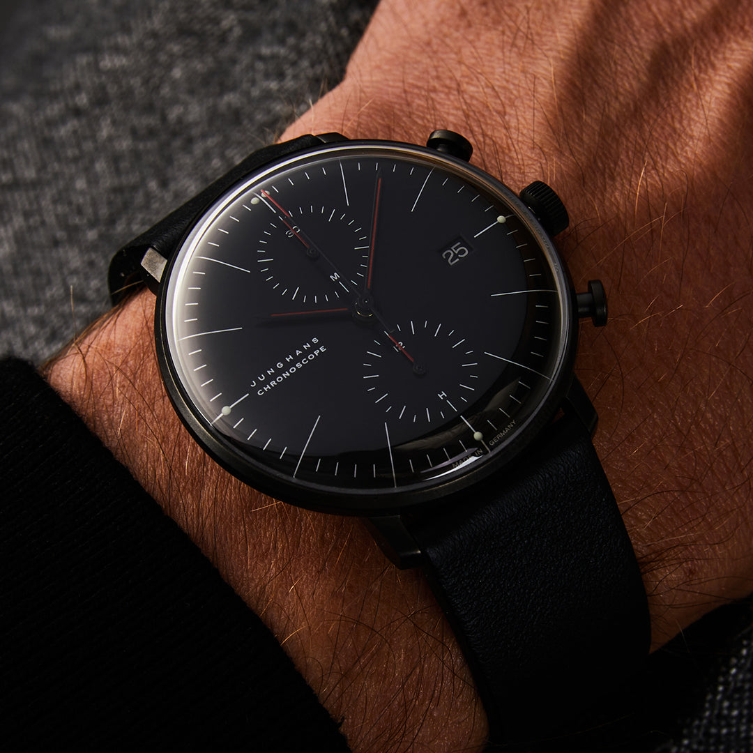 Max Bill Chronoscope Bauhaus Black Dial / Black Leather Strap Black Dial