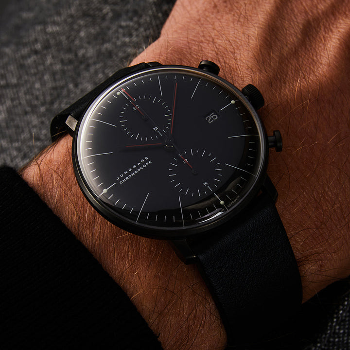 Max Bill Chronoscope Bauhaus Black Dial / Black Leather Strap Black Dial