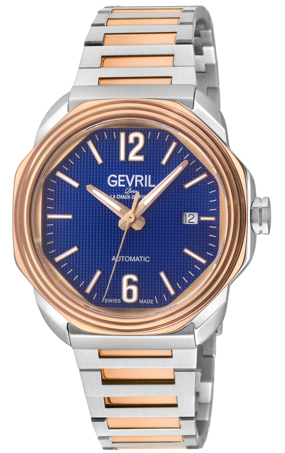 Roosevelt Gevril SS Case, IPRG Bezel, Blue checkered dial, SS Bracelet. | Blue D