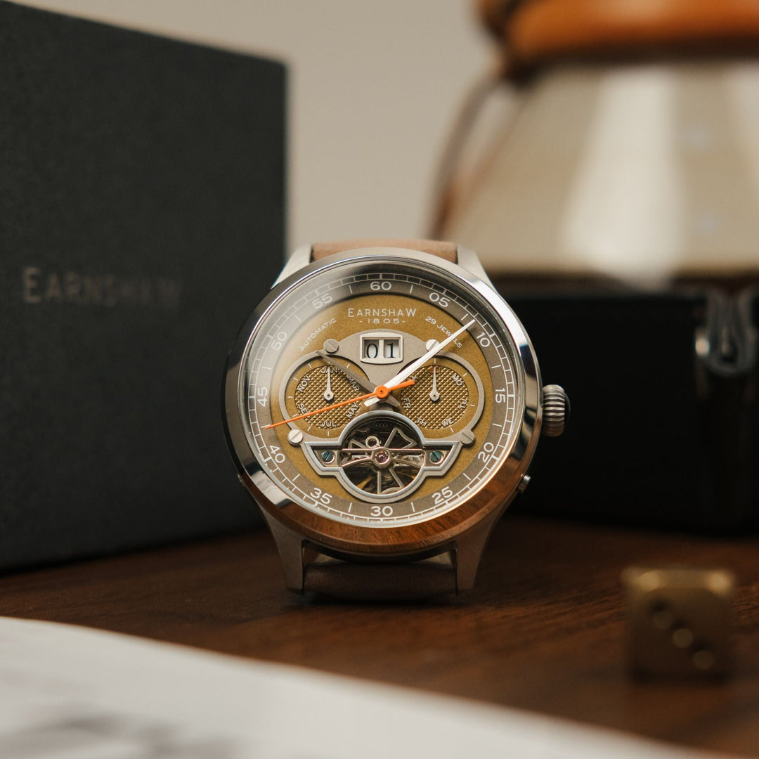Baron Grand Date Calendar Open Heart Automatic Gray / Tan Leather | Gray Dial