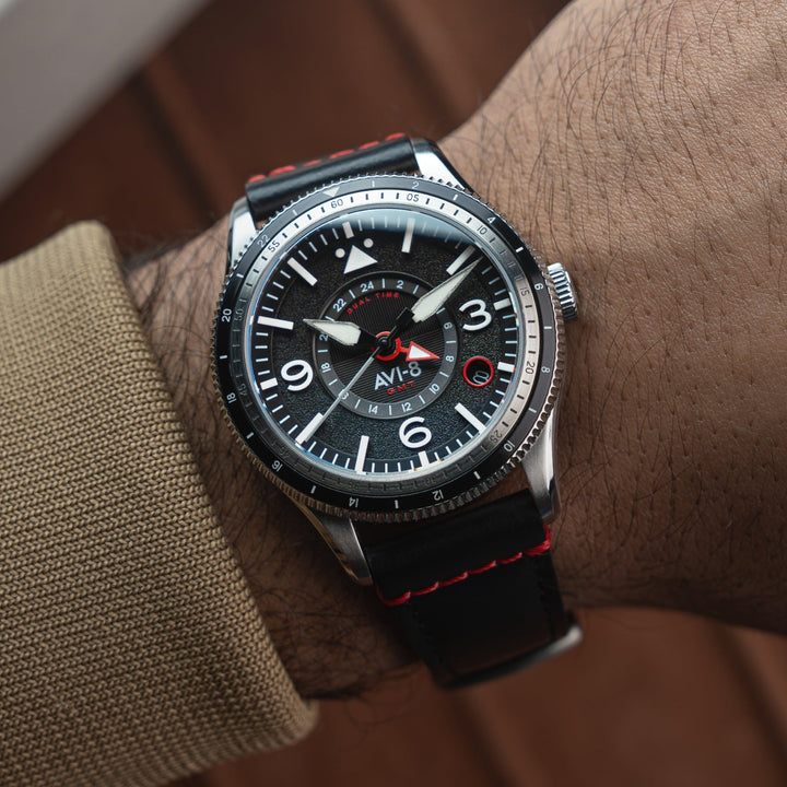 FLYBOY AIRMASTER GMT AUTOMATIC Black / Leather | Black Dial