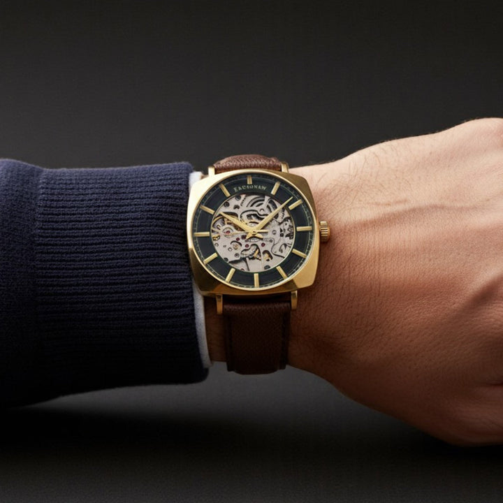 City Of London Moorgate Skeleton Automatic Black / Genuine Leather Strap | Black