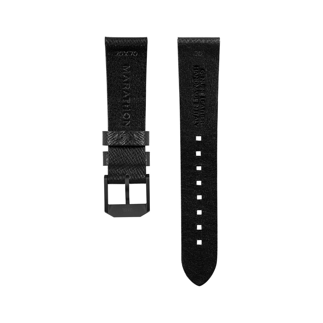 STRAP, 20mm, ITALIAN LEATHER, CROSS HATCH, IP BLACK BUCKLE, BLACK, STANDARD ITAL