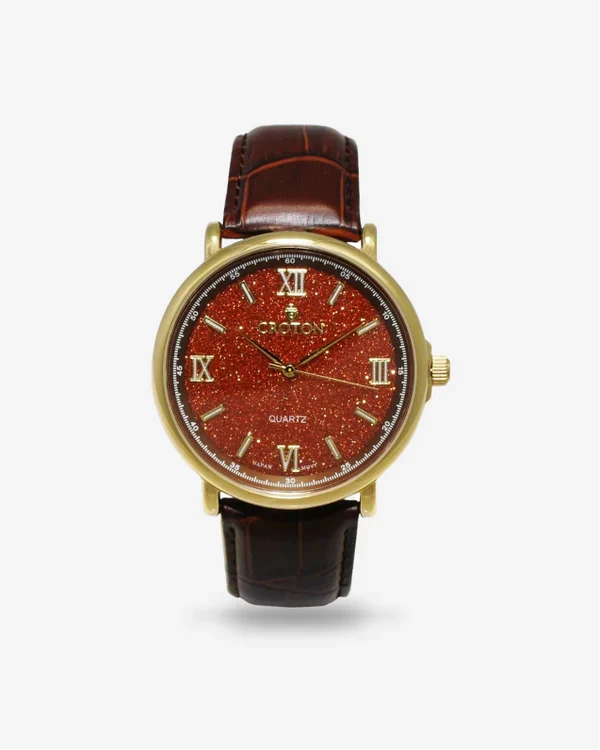 Men's Stainless Steel Quartz Watch with Rust Goldstone Glass Dial & Leather Stra