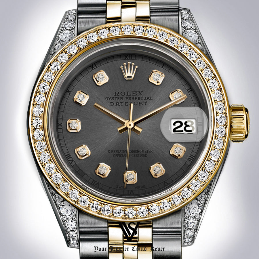 Rolex - Stainless Steel and Yellow Gold Datejust 26mm - Diamond Bezel - Charcoal Grey Diamond Dial - Jubilee Bracelet - Diamond Lugs