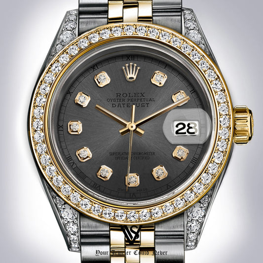 Rolex - Stainless Steel and Yellow Gold Datejust 26mm - Diamond Bezel - Charcoal Grey Diamond Dial - Jubilee Bracelet - Diamond Lugs