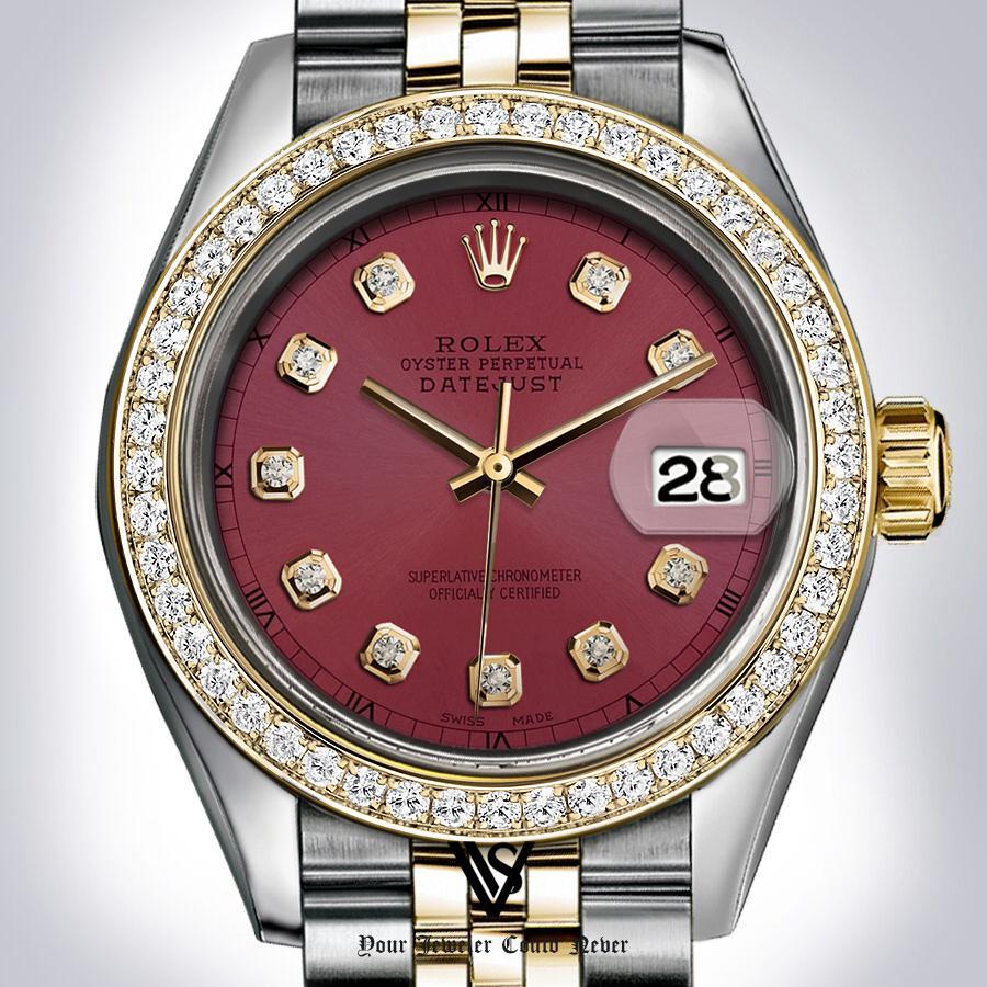 Preowned Rolex - 36mm Datejust Burgundy Brick Diamond Dial with Diamond Bezel Two-tone 18K Yellow Gold & Stainless Steel Jubilee