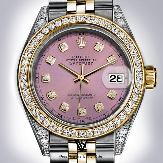 Rolex - Stainless Steel and Yellow Gold Datejust 26mm - Diamond Bezel - Dusty Rose Gold Diamond Dial - Jubilee Bracelet - Diamond Lugs