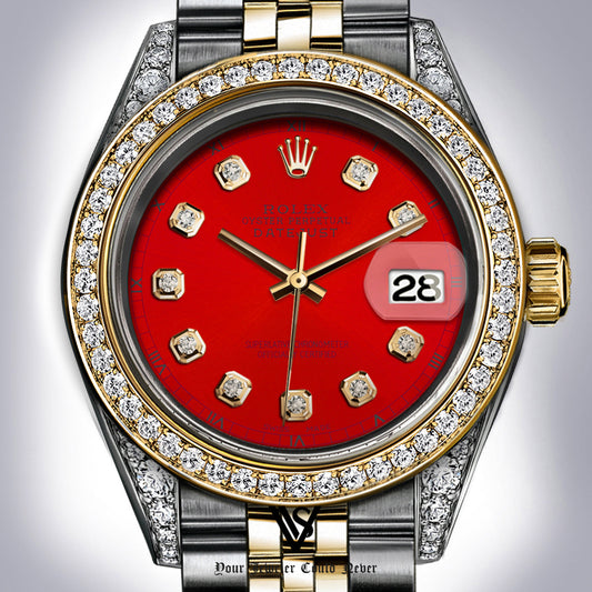 Rolex - Stainless Steel and Yellow Gold Datejust 26mm - Diamond Bezel - Red Diamond Dial - Jubilee Bracelet - Diamond Lugs