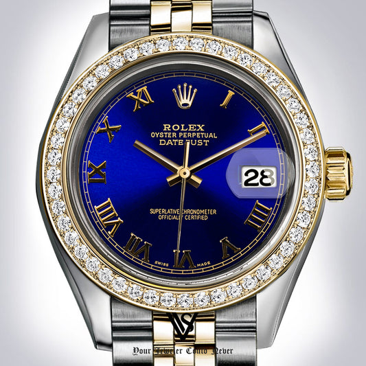 Preowned Rolex - 26mm Datejust Royal Blue Roman Diamond Dial with Diamond Bezel Two-tone 18K Yellow Gold & Stainless Steel Jubilee