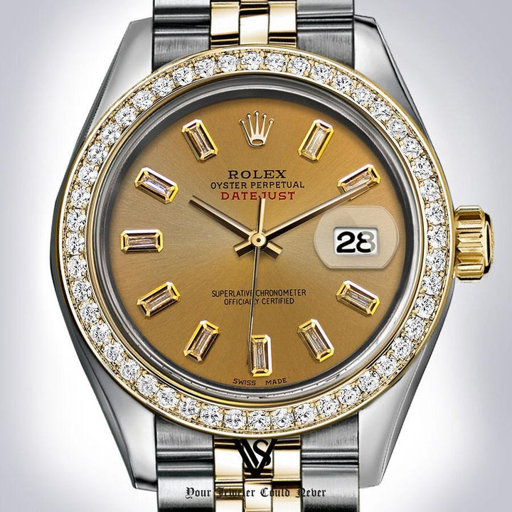 Rolex - Stainless Steel and Yellow Gold Datejust - Diamond Bezel - Champagne Baguette Diamond Dial- Jubilee Bracelet