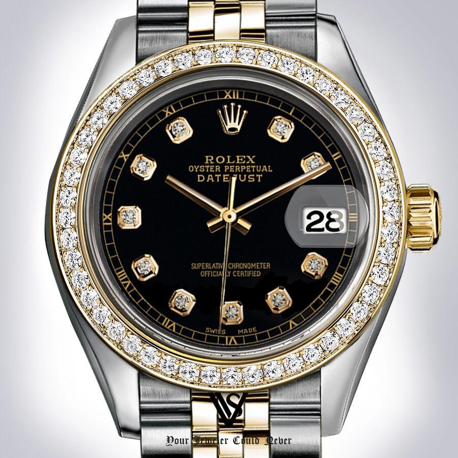 Preowned Rolex - 36mm Datejust Black Diamond Track Dial with Diamond Bezel Two-tone 18K Yellow Gold & Stainless Steel Jubilee