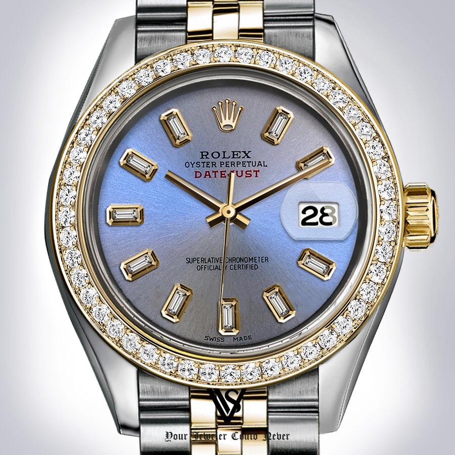 Preowned Rolex - 31mm Datejust Steel Blue Baguette Diamond Dial with Diamond Bezel Two-tone 18K Yellow Gold & Stainless Steel Jubilee