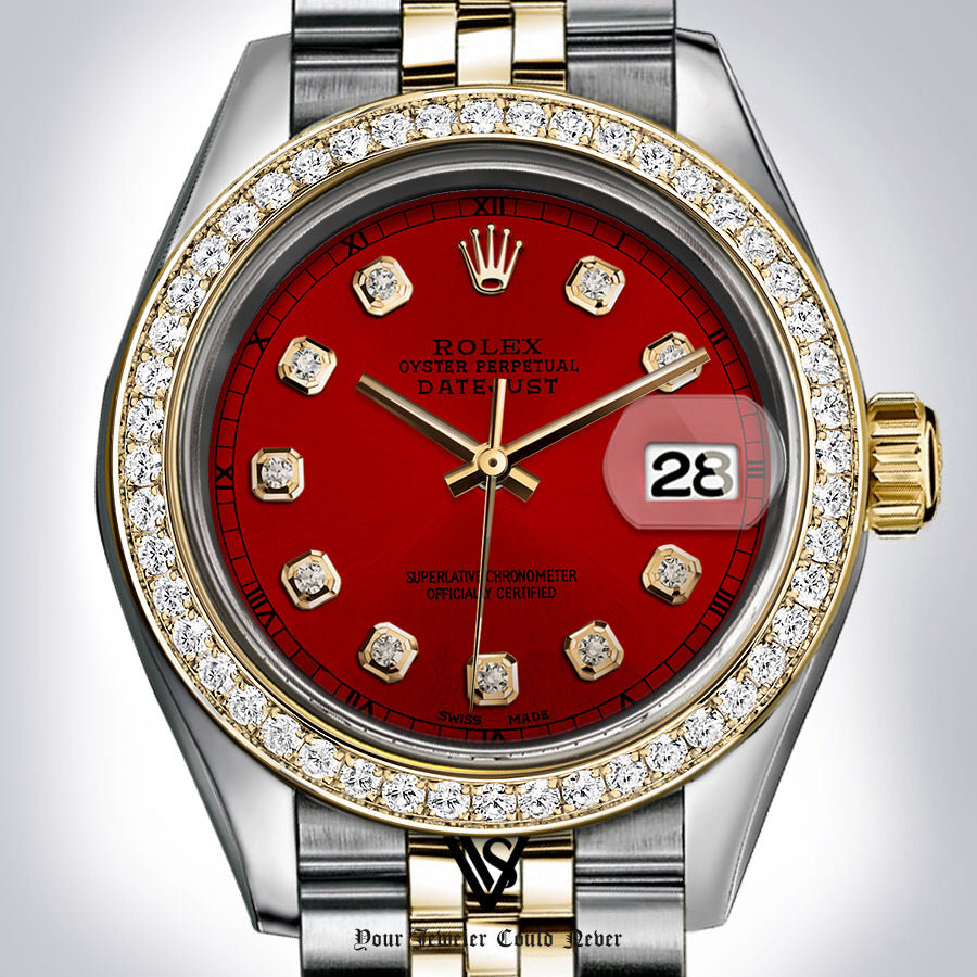 Preowned Rolex - 26mm Datejust Blood Red Diamond Dial with Diamond Bezel Two-tone 18K Yellow Gold & Stainless Steel Jubilee