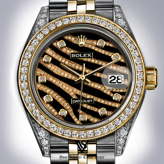 Rolex - Stainless Steel and Yellow Gold Datejust 26mm - Diamond Bezel - Tiger Striped Diamond Dial - Jubilee Bracelet - Diamond Lugs