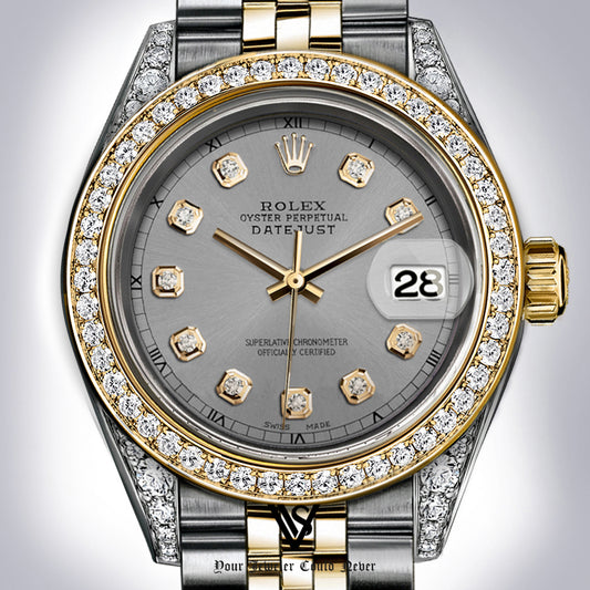 Rolex - Stainless Steel and Yellow Gold Datejust 26mm - Diamond Bezel - Gunmetal Grey Diamond Dial - Jubilee Bracelet - Diamond Lugs