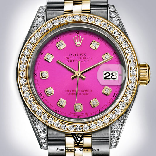 Rolex - Stainless Steel and Yellow Gold Datejust 26mm - Diamond Bezel - Neon Pink Diamond Dial - Jubilee Bracelet - Diamond Lugs