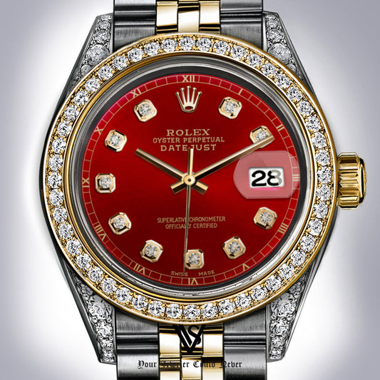 Rolex - Stainless Steel and Yellow Gold Datejust 26mm - Diamond Bezel - Orange Red Tomato Diamond Dial - Jubilee Bracelet - Diamond Lugs