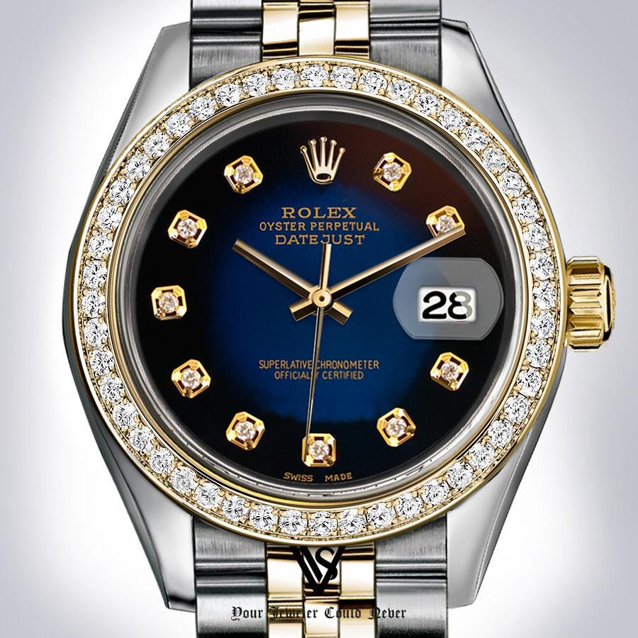 Rolex 36MM  BLACK & BLUE FADED DATEJUST DIAMOND DIAL DIAMOND BEZEL TWO-TONE 18K YELLOW GOLD AND STAINLESS STEEL JUBILEE LADIES WATCH PREOWNED