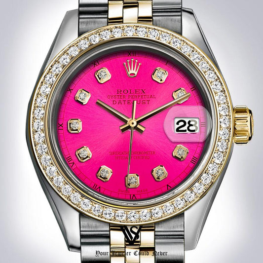 Preowned Rolex - 31mm Datejust Watermelon Red Diamond Dial with Diamond Bezel Two-tone 18K Yellow Gold & Stainless Steel Jubilee