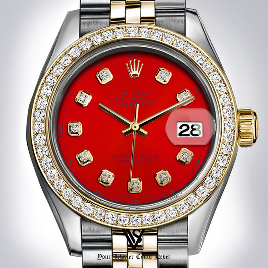 Preowned Rolex - 26mm Datejust Red Diamond Dial with Diamond Bezel Two-tone 18K Yellow Gold & Stainless Steel Jubilee