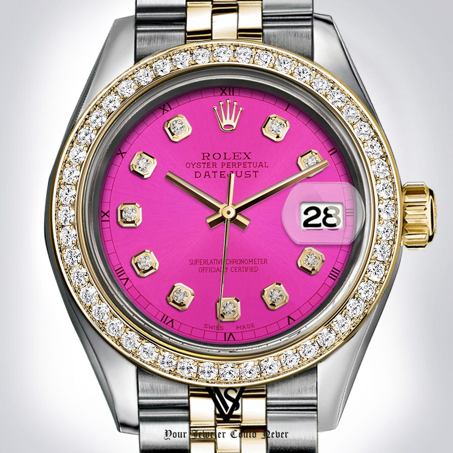 Rolex - Stainless Steel and Yellow Gold Datejust 26mm - Diamond Bezel - Neon Pink Diamond Dial - Jubilee Bracelet