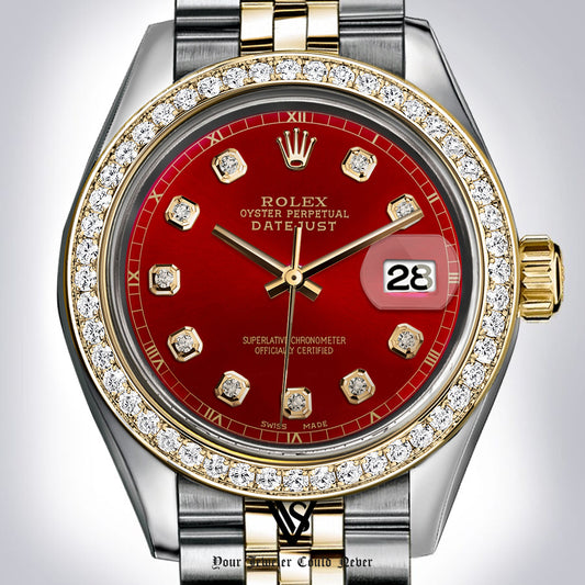 Preowned Rolex - 26mm Datejust Orange Red Tomato Diamond Dial with Diamond Bezel Two-tone 18K Yellow Gold & Stainless Steel Jubilee