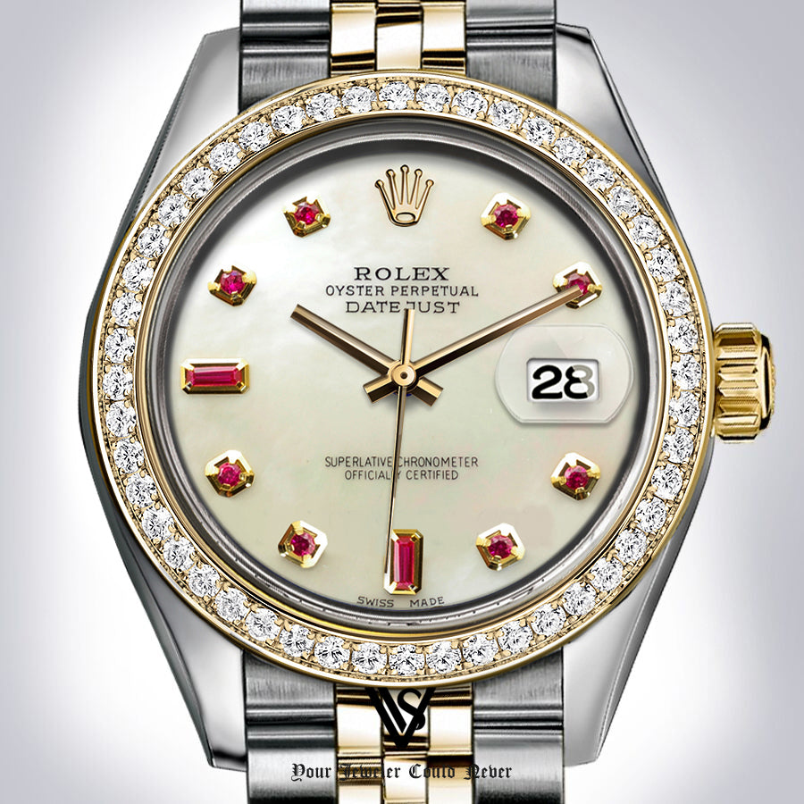 Rolex - Stainless Steel and Yellow Gold Datejust 26mm - Diamond Bezel - Natural Pearl Ruby Diamond Dial - Jubilee Bracelet