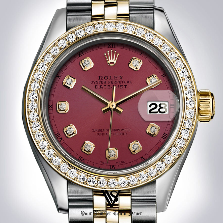 Rolex - Stainless Steel and Yellow Gold Datejust 26mm - Diamond Bezel - Burgundy Brick Diamond Dial - Jubilee Bracelet