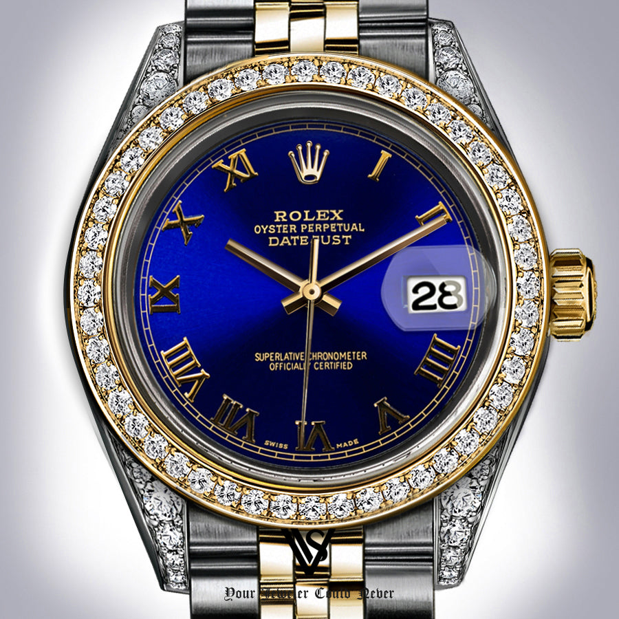 Rolex - Stainless Steel and Yellow Gold Datejust 26mm - Diamond Bezel - Royal Blue Roman Dial - Jubilee Bracelet - Diamond Lugs