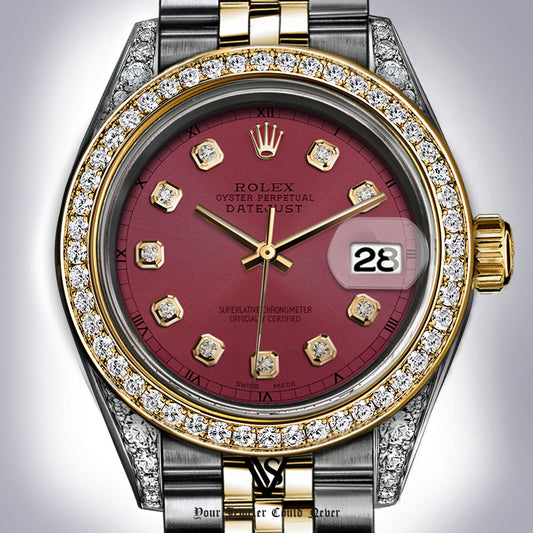 Rolex - Stainless Steel and Yellow Gold Datejust 26mm - Diamond Bezel - Classic Burgundy Brick Red Diamond Dial - Jubilee Bracelet - Diamond Lugs