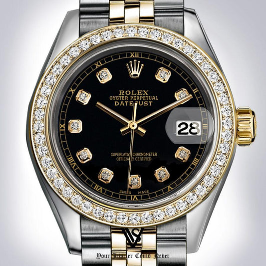 Preowned Rolex - 36mm Datejust Black Diamond Track Dial with Diamond Bezel Two-tone 18K Yellow Gold & Stainless Steel Jubilee