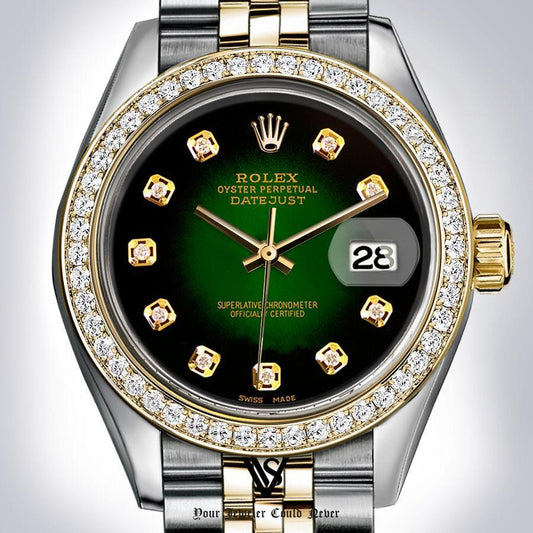 Rolex Steel and Yellow Gold Datejust 31 - Diamond Bezel - Green Vignette Diamond Dial - Jubilee Bracelet