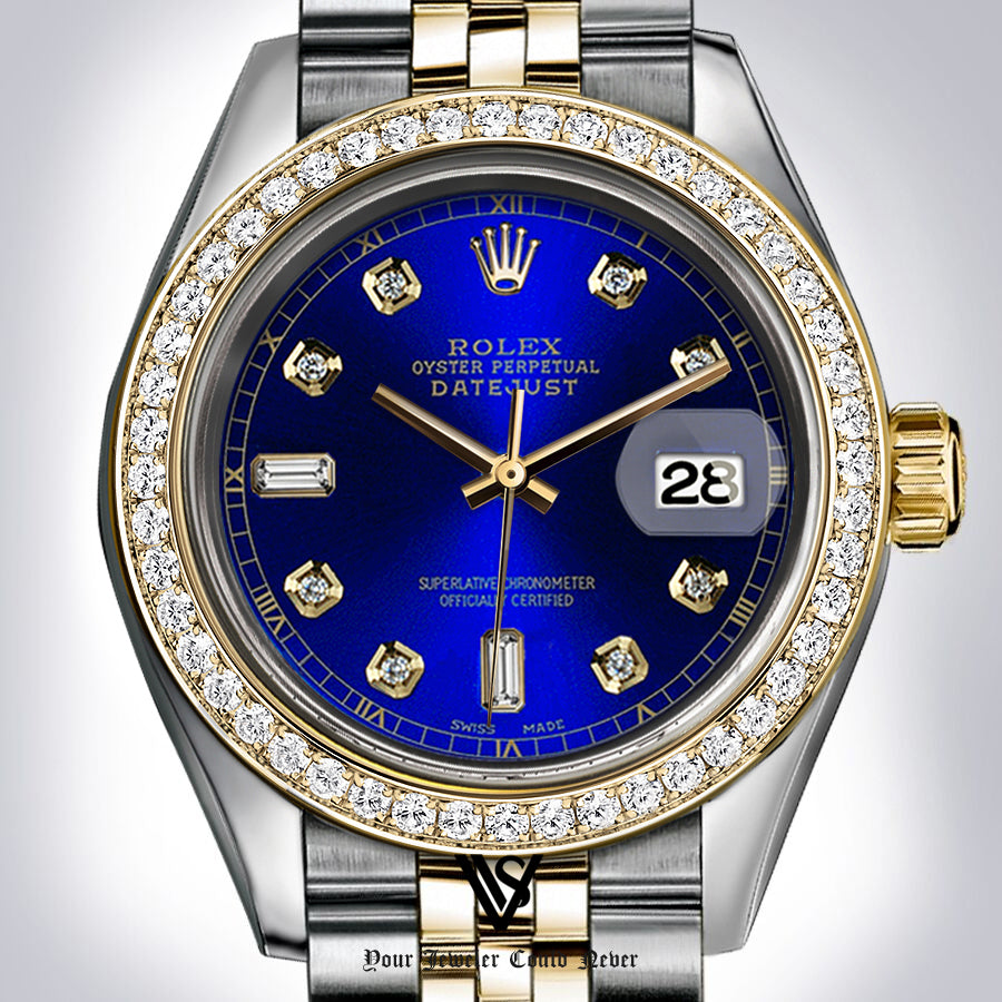 Rolex - Stainless Steel and Yellow Gold Datejust 26mm - Diamond Bezel - Royal Blue 6 & 9 Baguette Diamond Dial - Jubilee Bracelet