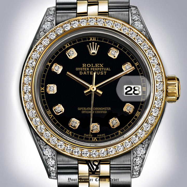 Rolex - Stainless Steel and Yellow Gold Datejust - Diamond Bezel - Black Diamond Dial with Roman Track - Jubilee Bracelet