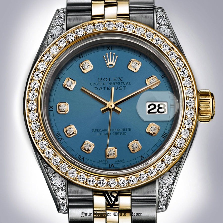 Rolex - Stainless Steel and Yellow Gold Datejust 26mm - Diamond Bezel - Seafoam Blue Grey Dial - Jubilee Bracelet - Diamond Lugs