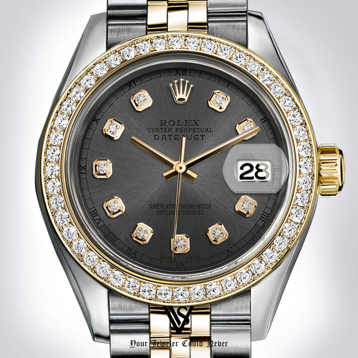 Rolex - Stainless Steel and Yellow Gold Datejust - Diamond Bezel - Charcoal Grey Diamond Dial - Jubilee Bracelet